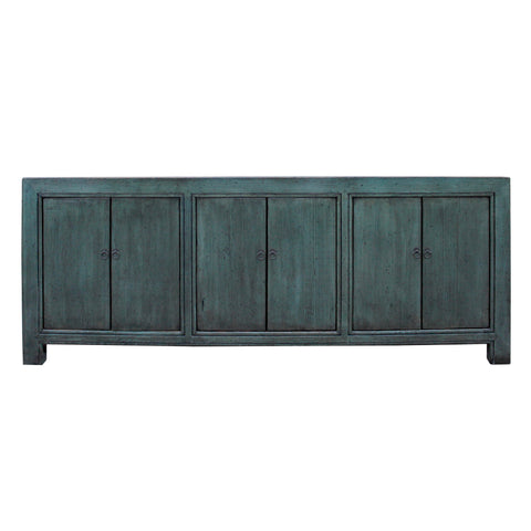 Chinese Distressed Teal Blue Lacquer Tall Long Tv Console Cabinet