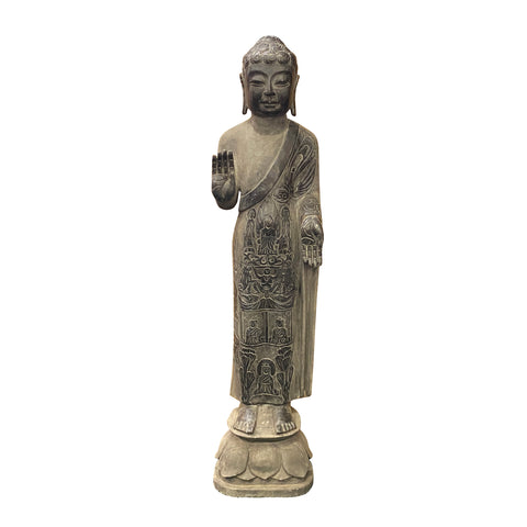 Chinese Gray Black Stone Carved Standing Abhaya Mudra Buddha Statue cs ...