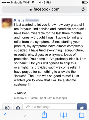 IBS Formula Testimonial - Kristie's awesome Facebook message