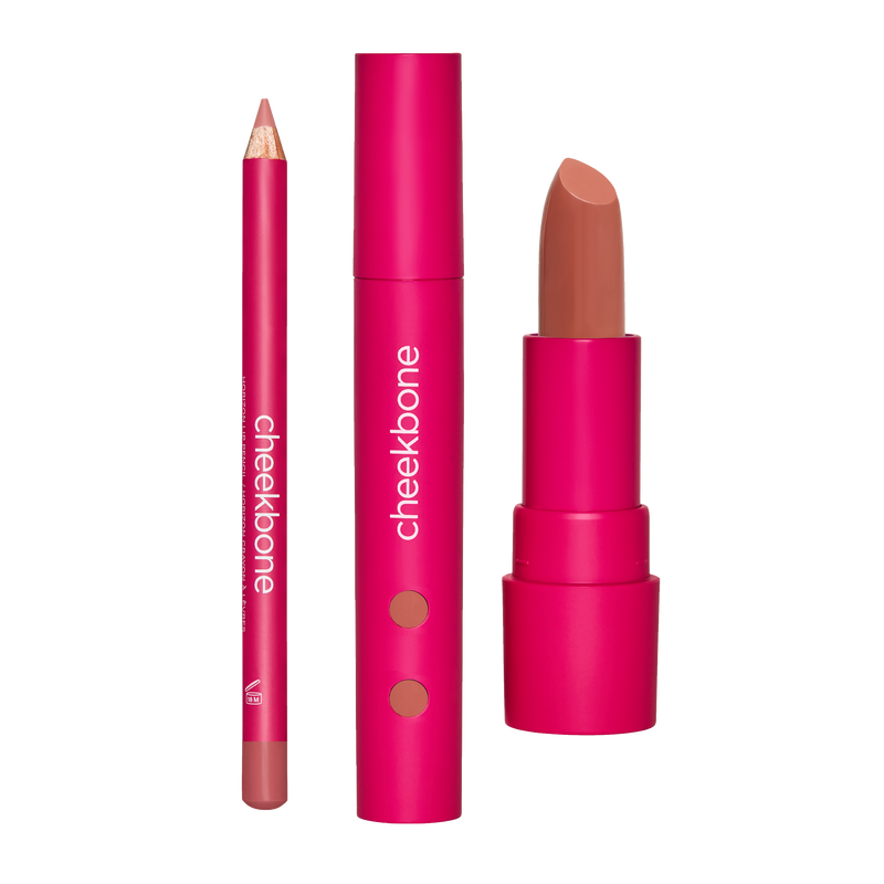 From left to right: Horizon Lip Pencil in Sand, Harmony Lipgloss in Sweetgrass, SUSTAIN Lipstick in Nuna