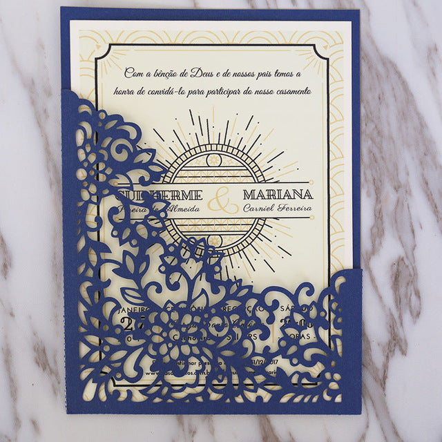 Dark blue Pocket Envelope Wedding Invitation,laser cut ...