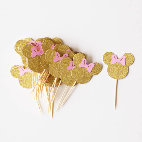 Gold Minnie Head And Pink Bow Minnie Mouse Cupcake Toppersminnie Mouse Party Decor