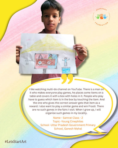 Another 2nd standard student, Samrat said “I like watching multi-do channels on YouTube. There is a man on it who makes everyone play games. He places some items on a table and covers it with a box with holes in it. People who play have to guess which item is in the box by touching the item. And the one who gives the correct answer gets that item as a reward. I also want to play a similar game and win Frooti. There are no such games in the fairs I visit. When I grow up, I will organize such games in my locality.”