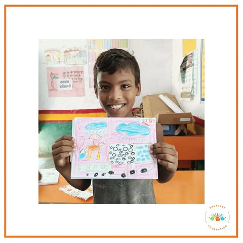 "I was not going to school because I was suffering from dengue. To avoid Dengue, we should not let rainwater accumulate near our house. I have drawn myself and the mosquitoes that breed in the water." Sumit, a class 3 student at Government Primary School, Naria, Varanasi, shared this drawing with our art instructor Kavita.