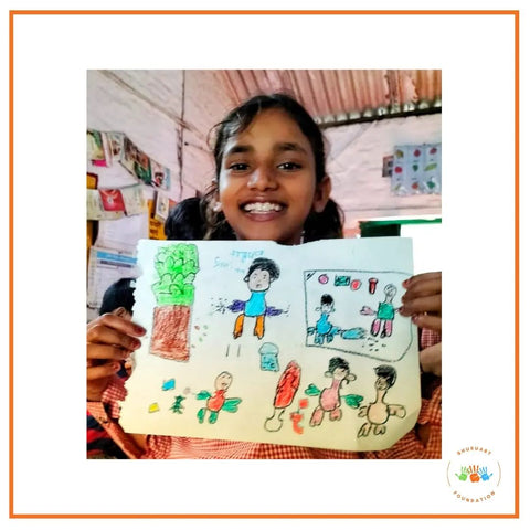 "It's important to keep our surroundings clean, so that we don't catch any diseases due to insects. I have shown my mother and sister cooking in the kitchen, whereas I'm playing beneath a tree with my friend. We keep our surroundings clean. When the public cleaner doesn't show up, we do all the cleaning ourselves."  Sanya shared her story with our art instructor Chandan. She's a student of Chittupur Government Primary school and studies in grade 4.