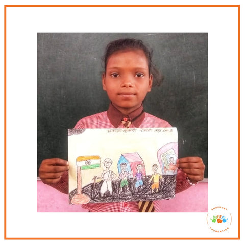 "Gandhi ji had a unique persona. His dhoti and round glasses were his signature style. I'd seen Gandhi ji's Dandi March on a currency note, and that's what I have drawn", Ananya (Sonarpura Government Primary School, Grade 3) shared the inspiration behind her drawing with our art instructor Harshita.
