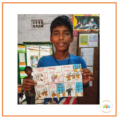 "I have drawn Gandhi Ji's childhood. I have imagined that as a kid he must also have liked playing with toys, going to school, and getting gifts. He became a lawyer when he grew up. I have never seen Gandhi ji, but I have heard a lot about him, that's how I made this drawing . Mohit (Shivpurwa Govt Primary School, Grade 5) shared the idea behind his drawing with our art instructor Moni. 