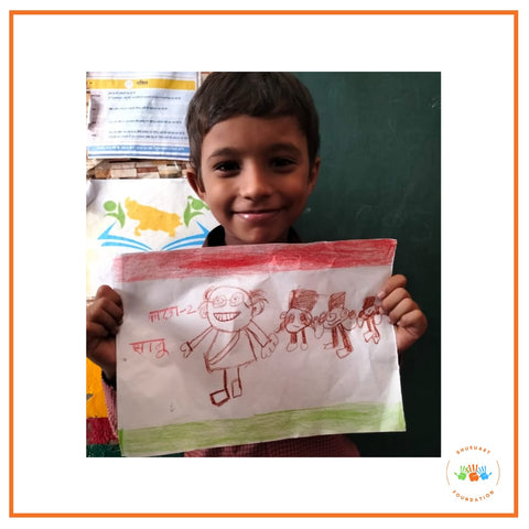 "I have drawn Gandhi ji smiling, and he's being followed by his three monkeys. The monkeys represent Gandhi 's teachings, see no evil, say no evil, and hear no evil. Gandhi ji is also known as Bapu. Because of Gandhi ji India got freedom", Sanu (Kodai chowki Government Primary School, Grade 2) shared the inspiration behind his drawing with our art instructor Chandan.