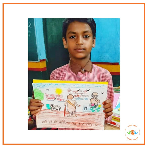 "Gandhi ji loved goats. He used to feed them nice things so that they could remain healthy. Gandhi Ji always drank goat's milk so that he could stay healthy. I have never seen Gandhi ji. I just know him from the stories my teacher has told us about him, and that's what I have drawn", Sumit (Aditya Nagar Government Primary School, Grade 4) shared the inspiration behind his drawing with our art instructor Moni.