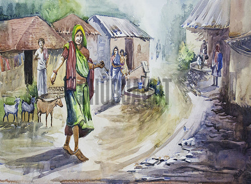 How to Draw a Village Scenery / Festival of Nabanna Step by Step | Scenery  of Late Autumn | Village drawing, Human figure sketches, Farm paintings