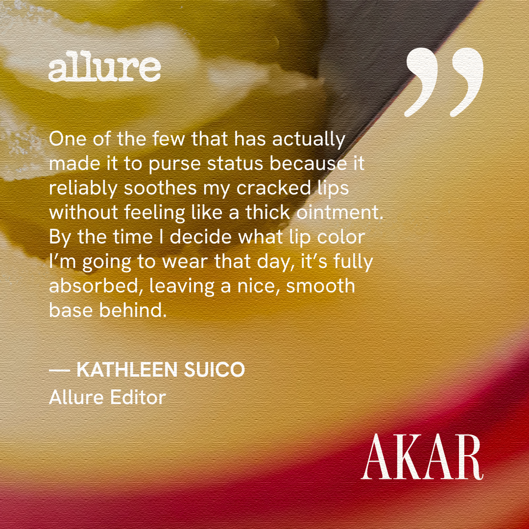 Abstract colorful background with a testimonial by Kathleen Suico, Allure Editor, for a lip product.