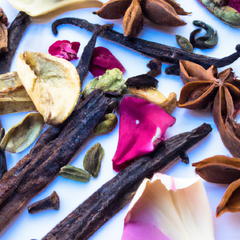 A photograph detail of flowers with spices, resins, and vanilla