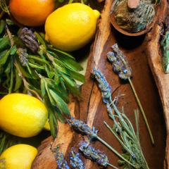 A photograph detail of citrus, herbs, woods, lavender and geranium