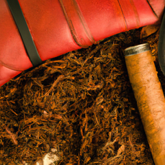 A photograph detail of leather, tobacco, and woods