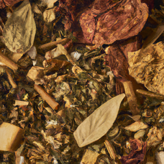 A photograph detail of dried patchouli leaves, oud chips, sandalwood chips, and amber resin