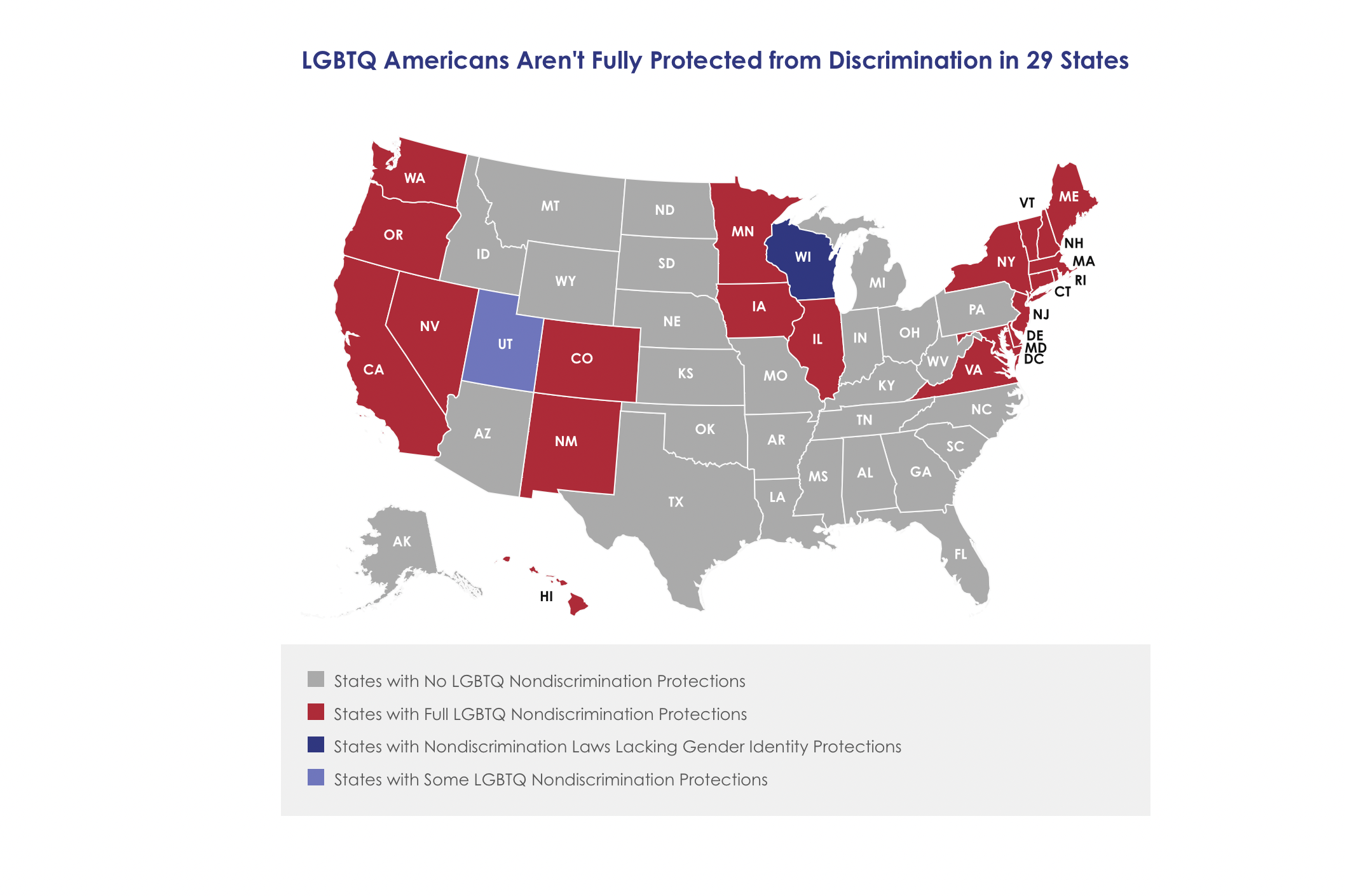 A map of the United States illustrating states with LBGTQ nondiscrimination policies