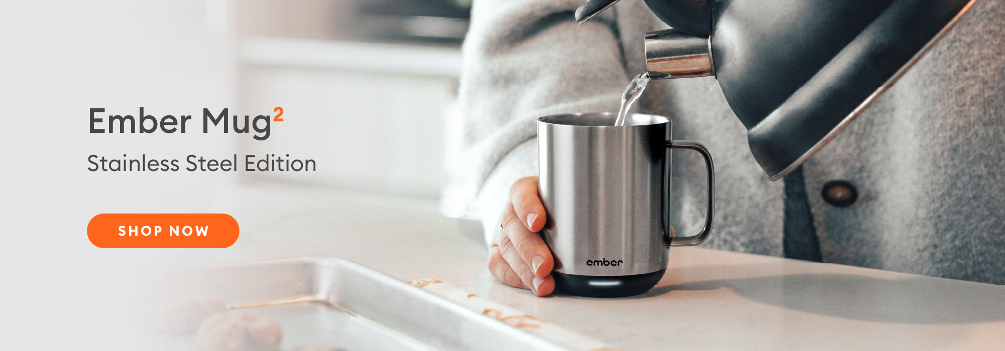 Hot water pouring into an Ember Mug2 Stainless Steel. Shop Now.