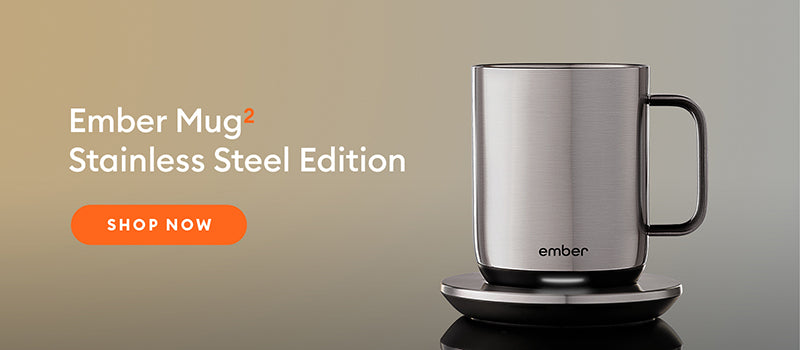 Ember Mug²: Stainless Steel Edition on a reflective backdrop.