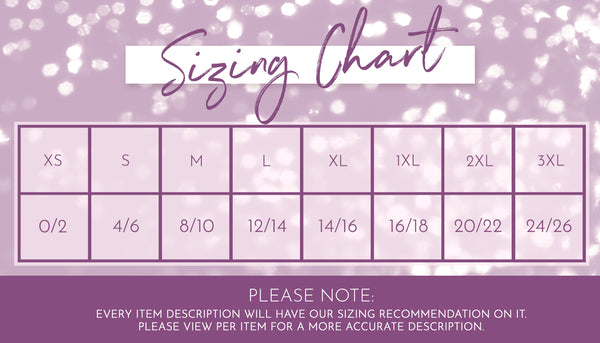 Sizing Chart - Lavender & Lace Boutique