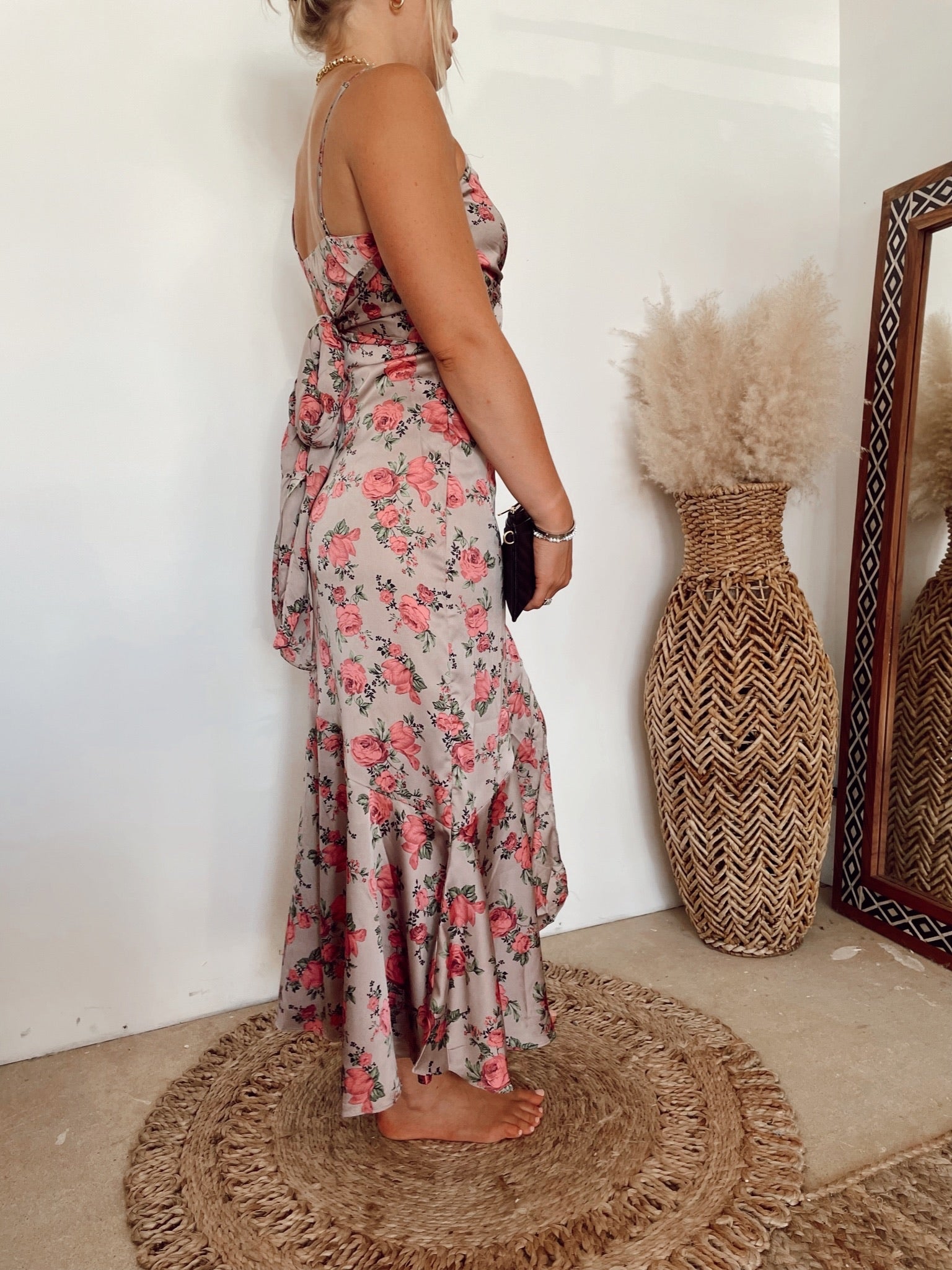 Rose Floral Satin Midi Dress | Mocha