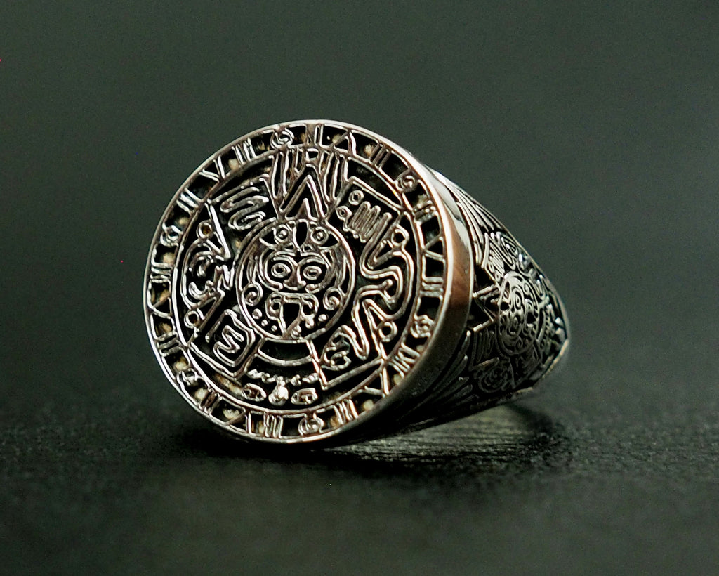 Aztec Calendar Mayan Sun Ring Mexico Men's Ring 925 Sterling Silver Si ...