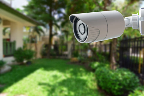 security camera in a manicured back lawn 