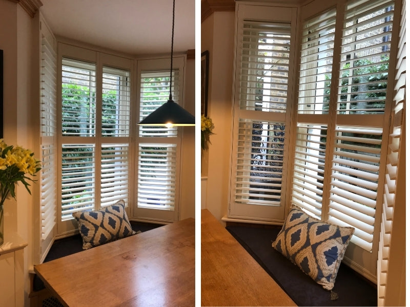 two images showing a dining area in a flat in Wandsworth, with wooden table bay window with sitting area and plantation shutters installed