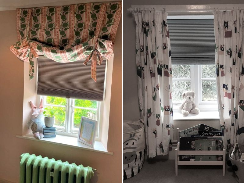 two images showing honeycomb blinds mounted on a window with curtains or roman blinds