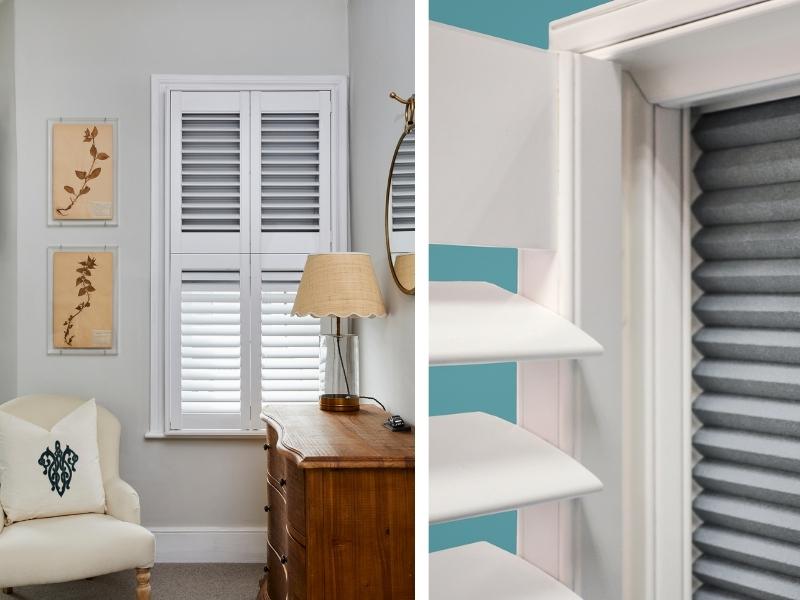 double image showing on the left a window with shutters and integrated blackout blinds, and on the right the detail of the honeycomb blackout blind