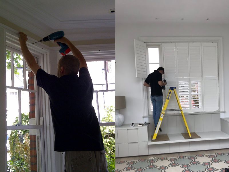 two images showing a worker removing and refitting shutters on a window after its replacement