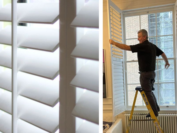split image, with a shutter closeup on the right and an expert technician of The Shutter Shop installing shutters on a window