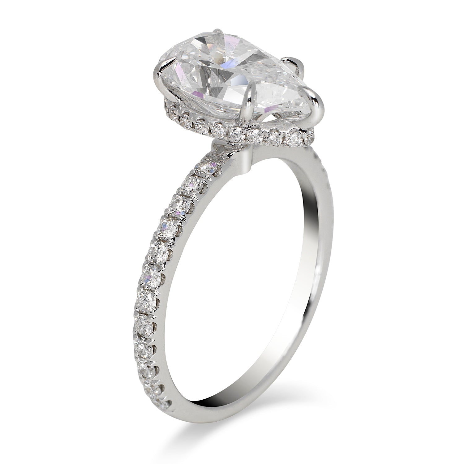 Diamond Ring Pear Shape Cut 3 Carat Sidestone Ring in 18K White Gold Side View