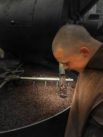 Carmelite Monks of Wyoming check the coffee roast of Mystic Monk Coffee.