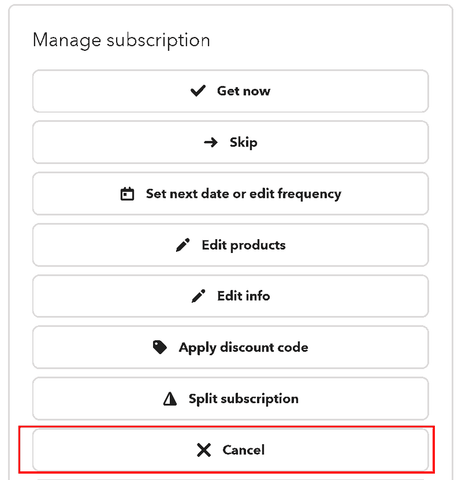 Screenshot of Manage Subscription portal with Cancel button highlighted - Mystic Monk Coffee Subscription