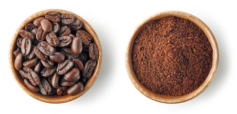Photos of medium roast whole bean coffee and ground coffee side by side.
