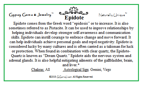 Epidote fact card on GGandJ.com Gypsy Gems & Jewelry GGandJ.com