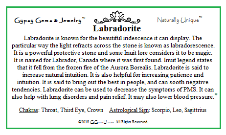 Labradorite info card on GGandJ.com Gypsy Gems & Jewelry
