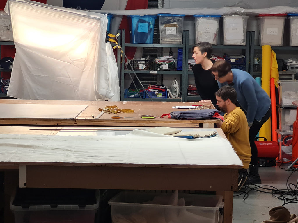 Cornelia Parker and film crew at Flag Studio filming the making of a Union flag for 'Island' at the Tate Modern