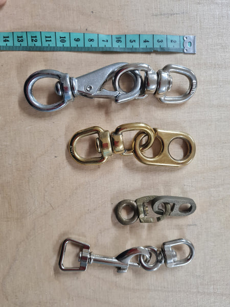 Inglefield brass and silver carabiner swivel clips for flags by Flag Studio