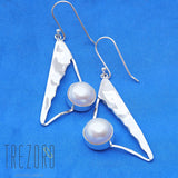 Sterling Silver Triangle and Pearl Earrings Contemporary Design - Trezoro Jewellery Online Shop