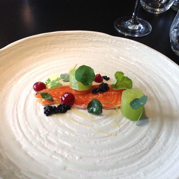 Cured sea trout, Nasturtium, smoked roe, beetroot ketchup, olive oil