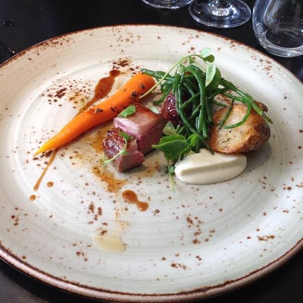 Denham Estate saddle chop, new potato, Clem's carrot, feta, marsh samphire, escabeche