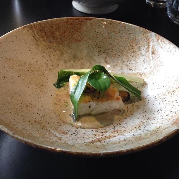 North Sea hake, St Jacques sauce, brown shrimps, lettuce