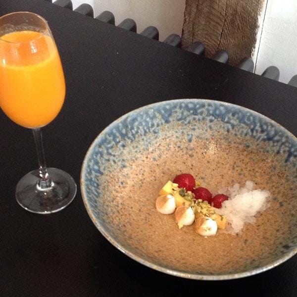 Suffolk strawberries, sea buckthorn curd, pistachio, ginger beer ice