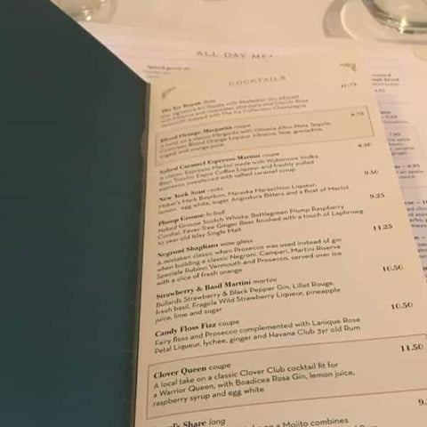 Cocktail menu at The Ivy Norwich