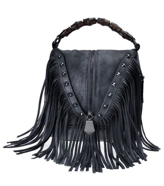 Women's Leather Bamboo Hand Strap Featured Fringe Bohemian Tassel Stud ...