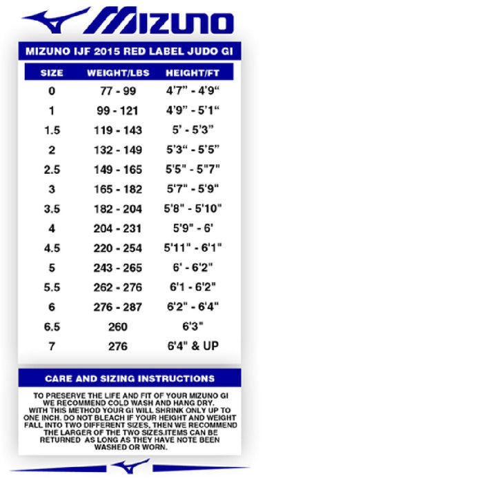 mizuno judo size chart