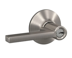 Latitude style lever handle lock in satin nickel finish