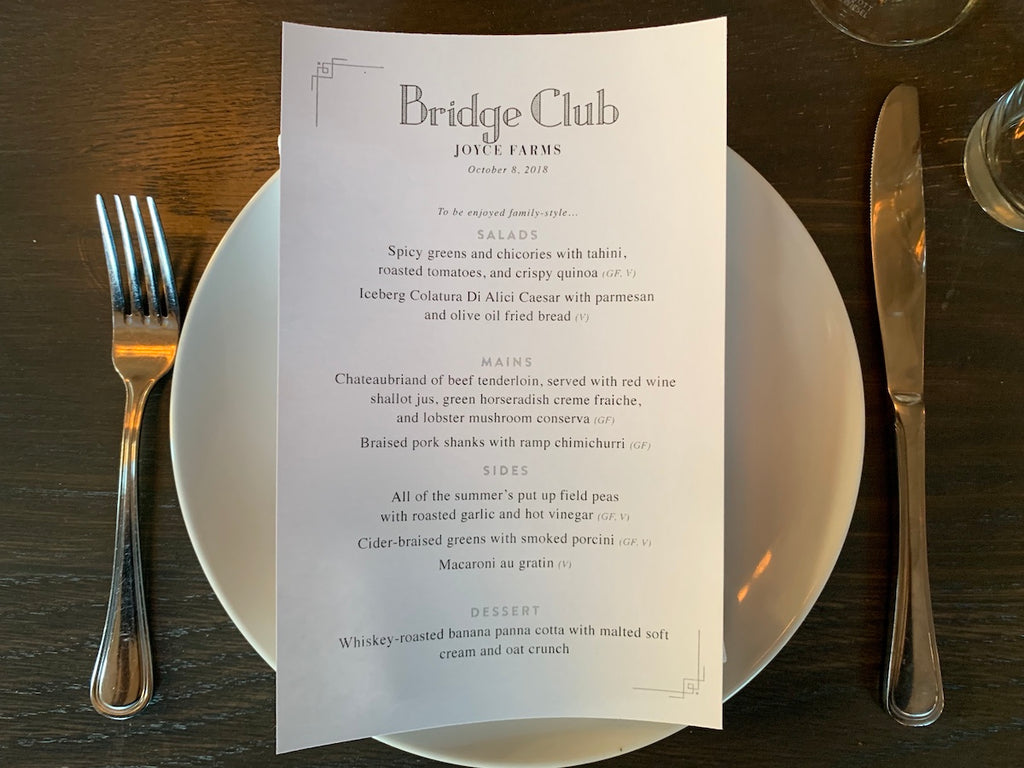 Bridge Club Joyce Farms Event Menu