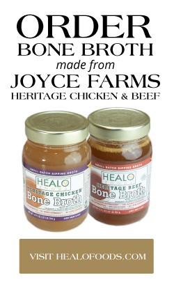 Order bone broth made from Joyce Farms heritage chicken and beef